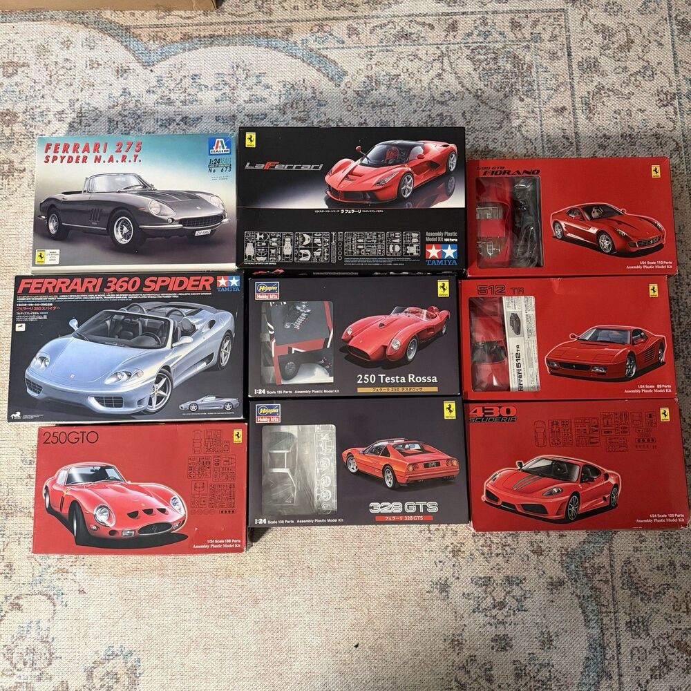 LOT of 9 1/24 Ferrari model kits, Testa Rossa, La Ferrari, Fiorano, Spider &More